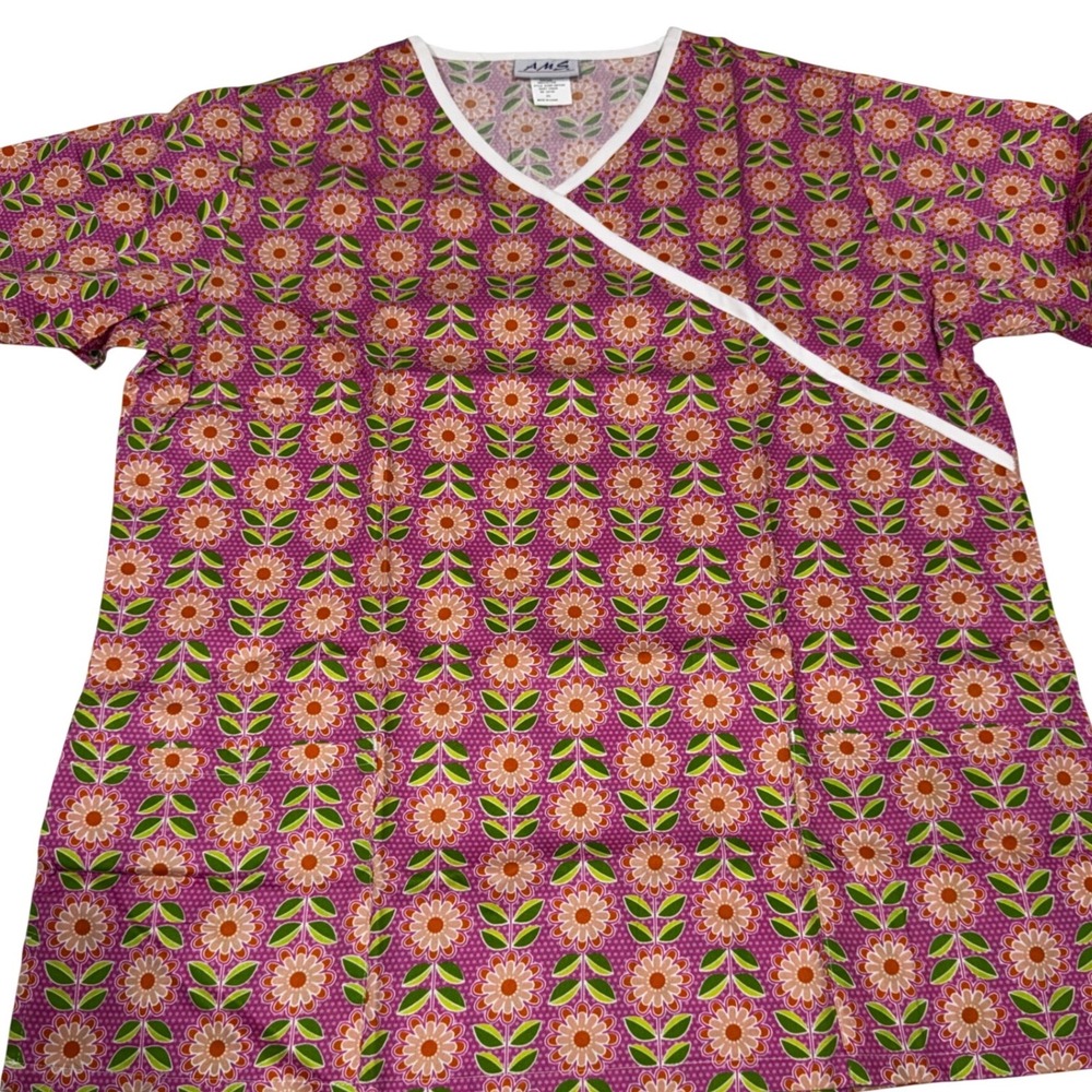 AMS Womens 2XL Scrub Top Daisy Craze Floral Cotton Mock Wrap Purple A226P-DSYCRZ